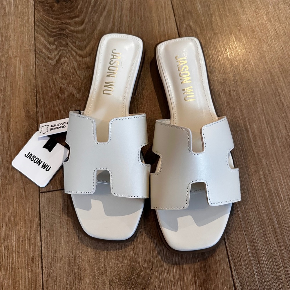 Jason Wu Womens Cream Genuine Leather H-Cutout Slide Sandals Square Toe Size 7.5